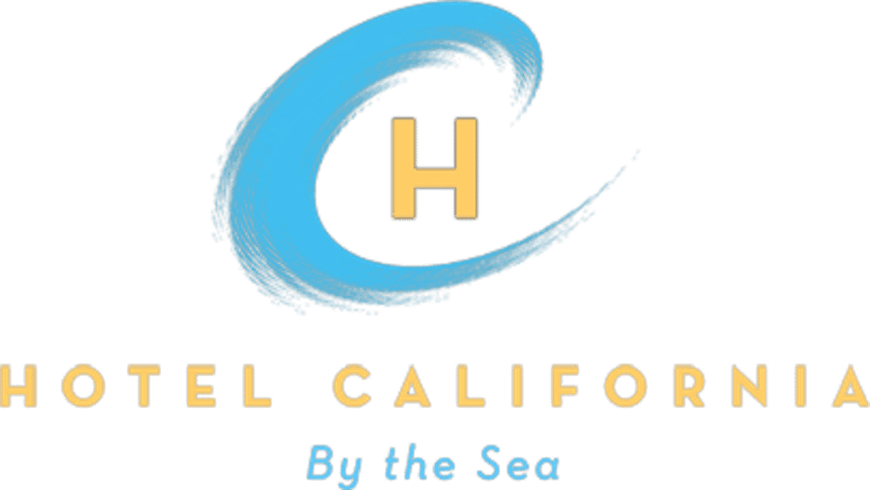 Hotel California by the Sea logo in yellow and blue with small wave around H