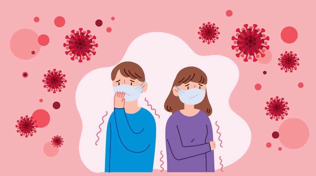 A drawing of two people wearing masks surrounded by microscopic viruses representing tips on how to cope with what you can’t control.