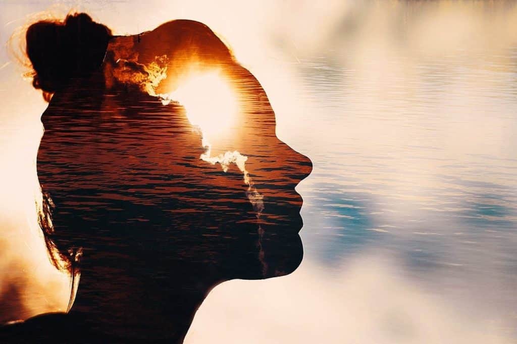 A silhouette of a woman’s head filled with images of the sunset.