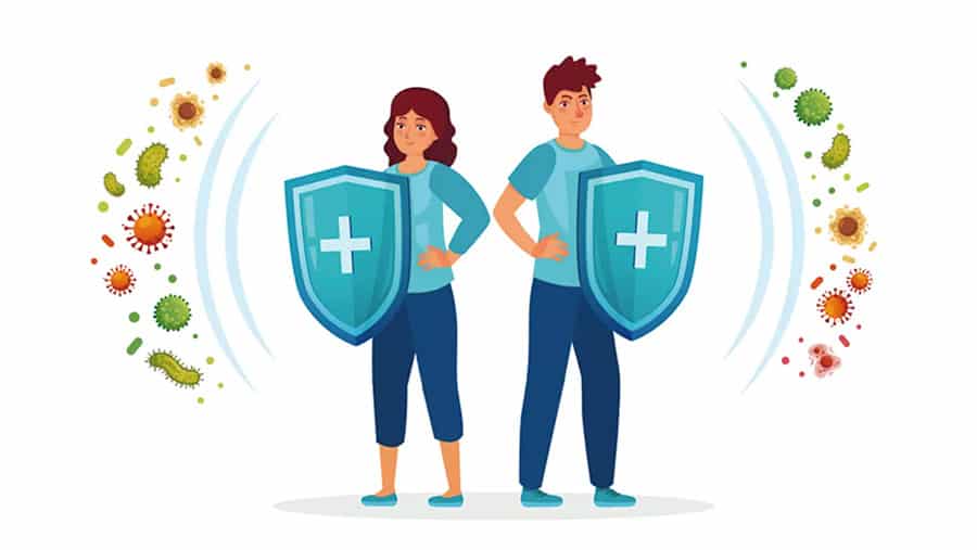 A cartoon graphic of two people with shields to block germs is a metaphor for how alcohol and the immune system effect each other. 