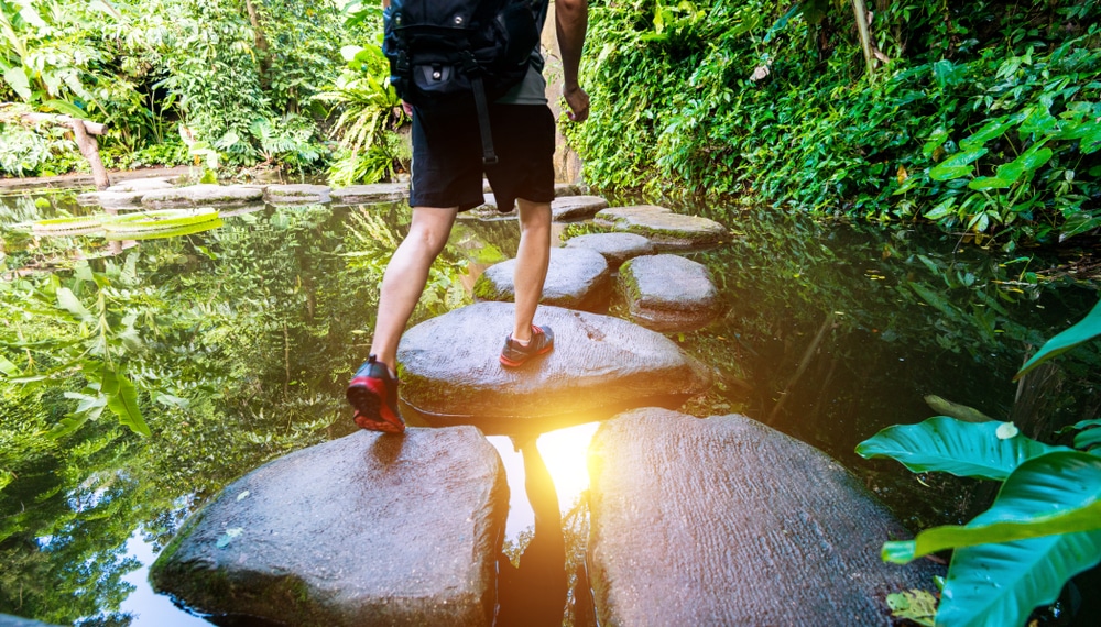 Back packer hopping from one stone to another on rock path through pond with thick green shrubbery all around 