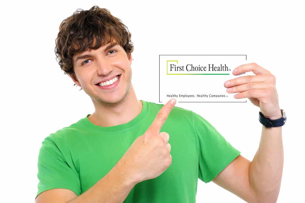 Man pointing to First Choice Health Insurance Card Rehab Coverage