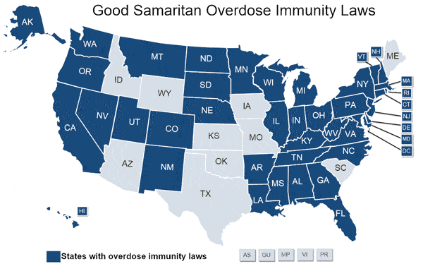 A chart shows which states in the US have Good Samaritan Overdose Immunity Laws. 