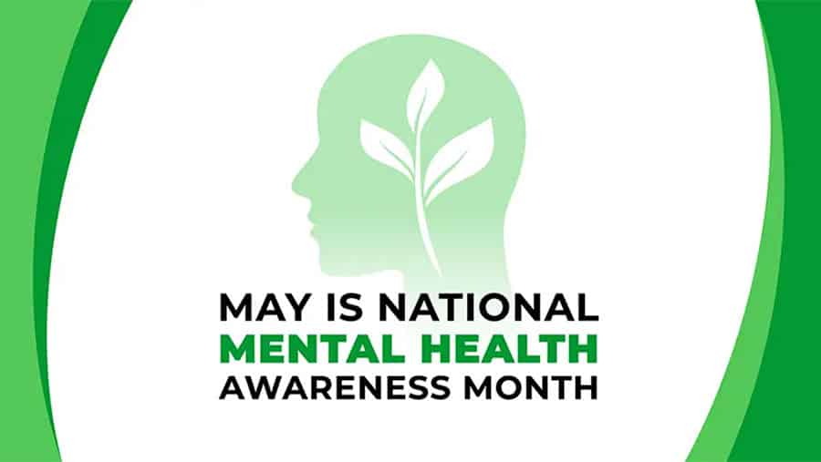 A green a white logo with a head and leaf that says May is National Mental Health Awareness Month.