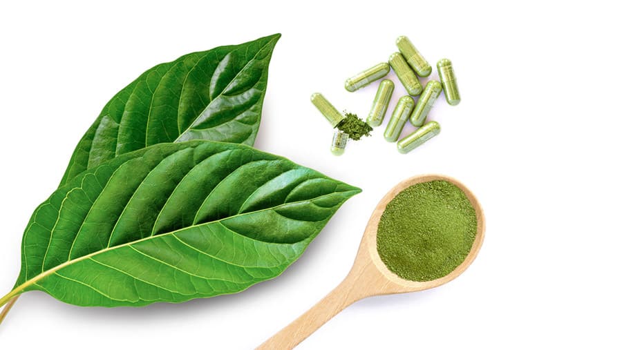 Images of different forms of Kratom in its original leaf form, Kratom in capsule form and Kratom in powder form. 
