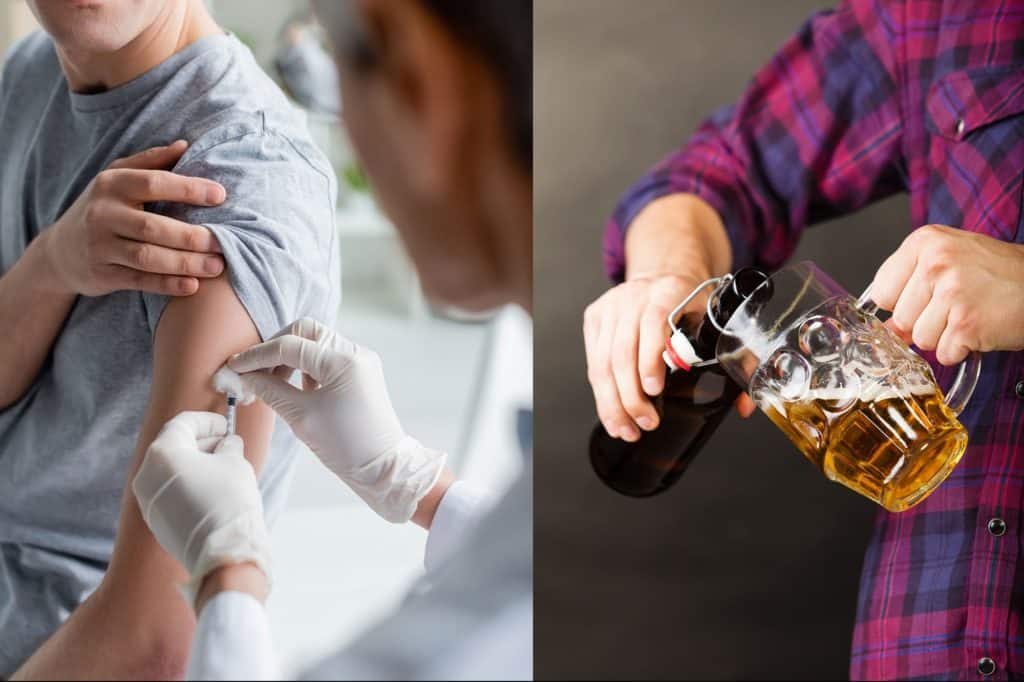 A side by side photo comparison of a person receiving a vaccine shot in their arm and a person pouring alcohol from a bottle into a beer cup.