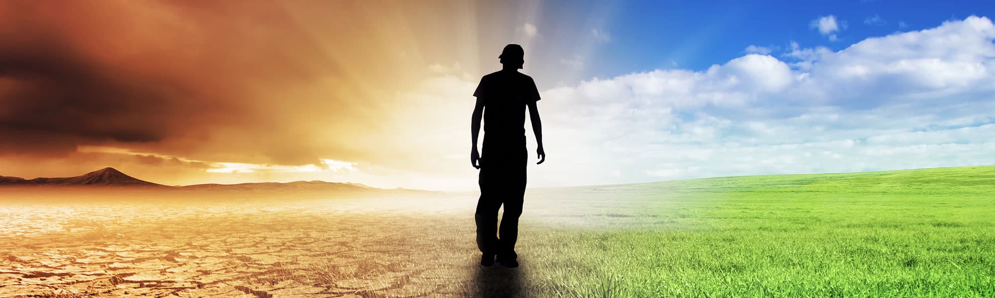 Black profile of man walking between scorched desert on one side and a beautiful, green landscape on the other