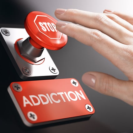 Hand reaching out to hit button that says "STOP" with an warning under it that says "addiction"