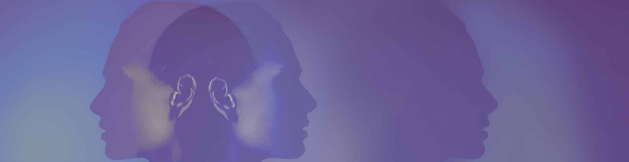 Purple hued profile of woman, shadowed 3 times 