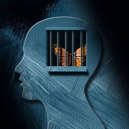 Colorful butterfly trapped in prison of dark grey, profile head