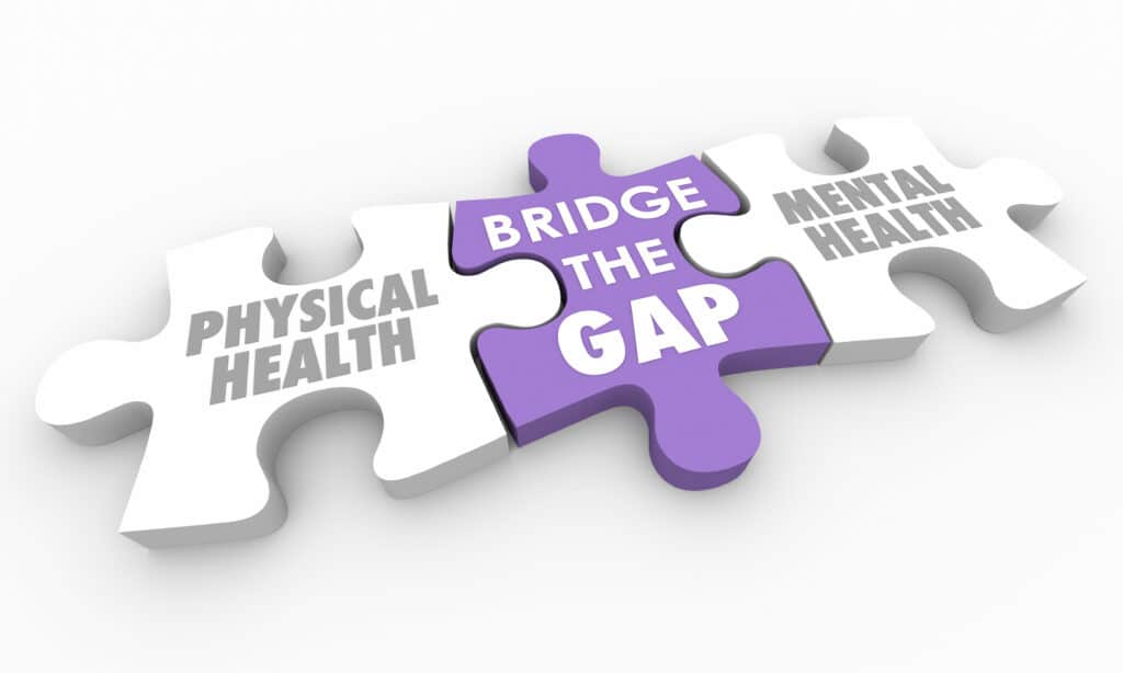 Two white puzzle pieces that say physical health and mental health and a purple piece in between that says bridge the gap.