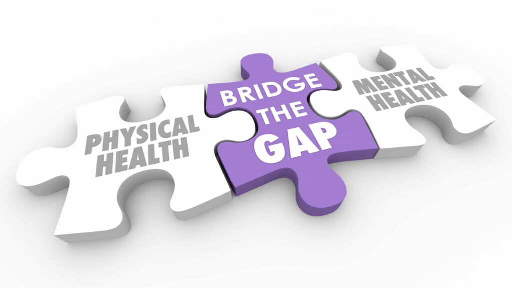 Two white puzzle pieces that say physical health and mental health and a purple piece in between that says bridge the gap.