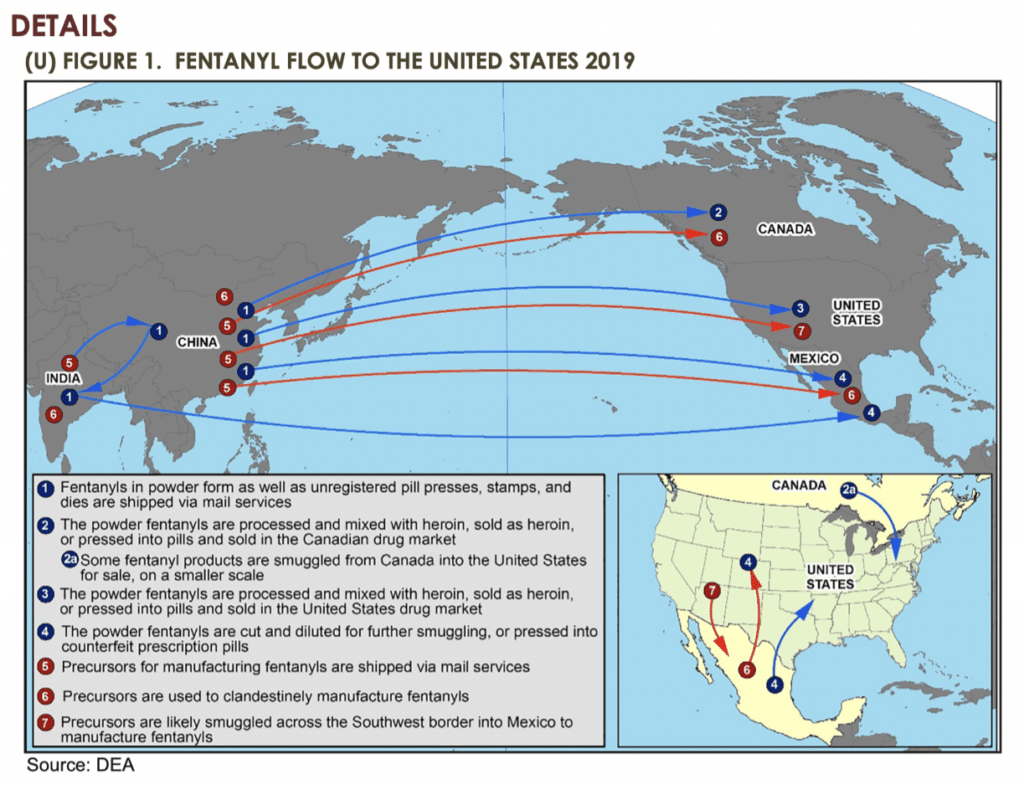 Figure of the world with a map showing the fentanyl flow from other countries into the US.