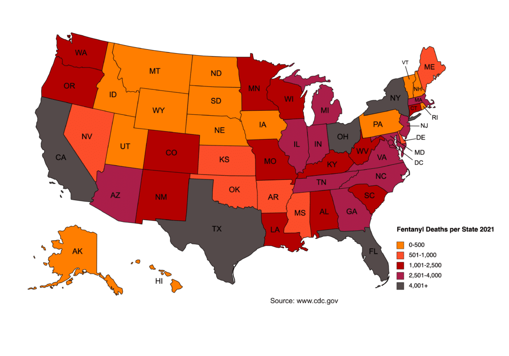 Graph of the United States with each state in a color coordinated key showing the Fentanyl Death per state in 2021