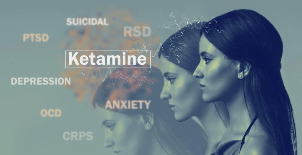 On a pale green background, a profile view of a young woman is surrounded by words describing symptoms of Ketamine overdose.