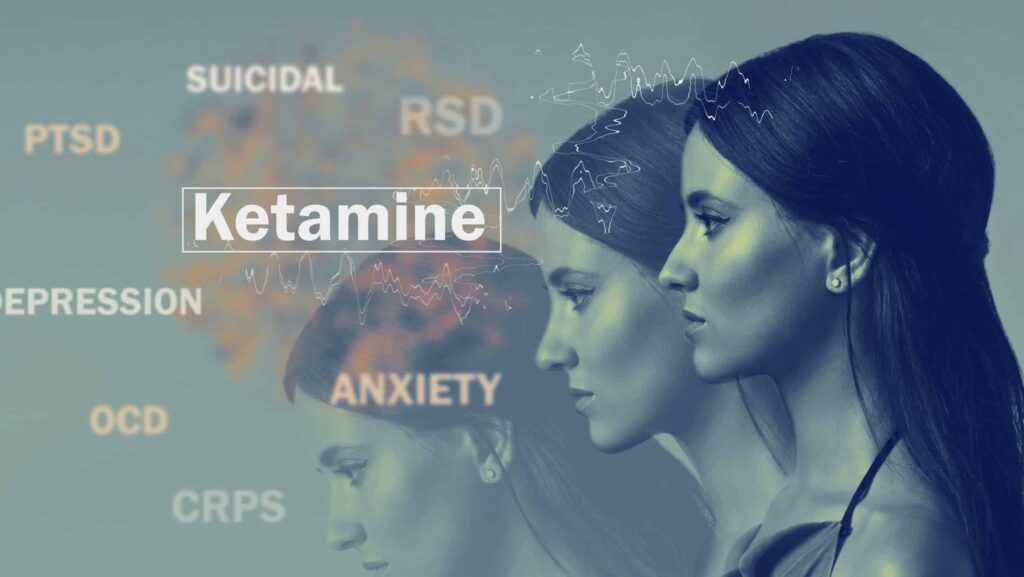 On a pale green background, a profile view of a young woman is surrounded by words describing symptoms of Ketamine overdose.