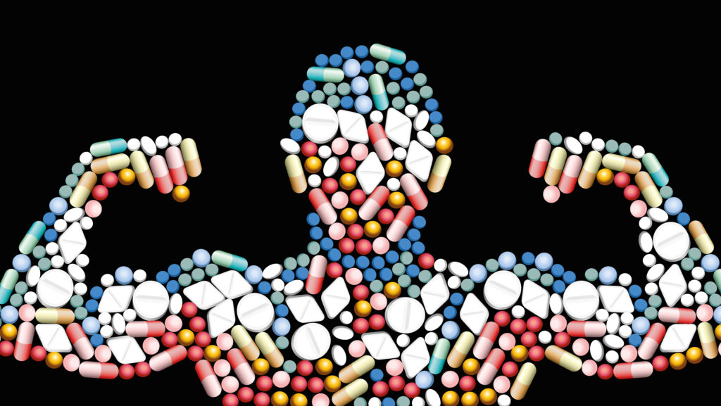 On a black background, multicolored pills are shaped into an image of a person flexing muscles to ask the question, are steroids addictive?