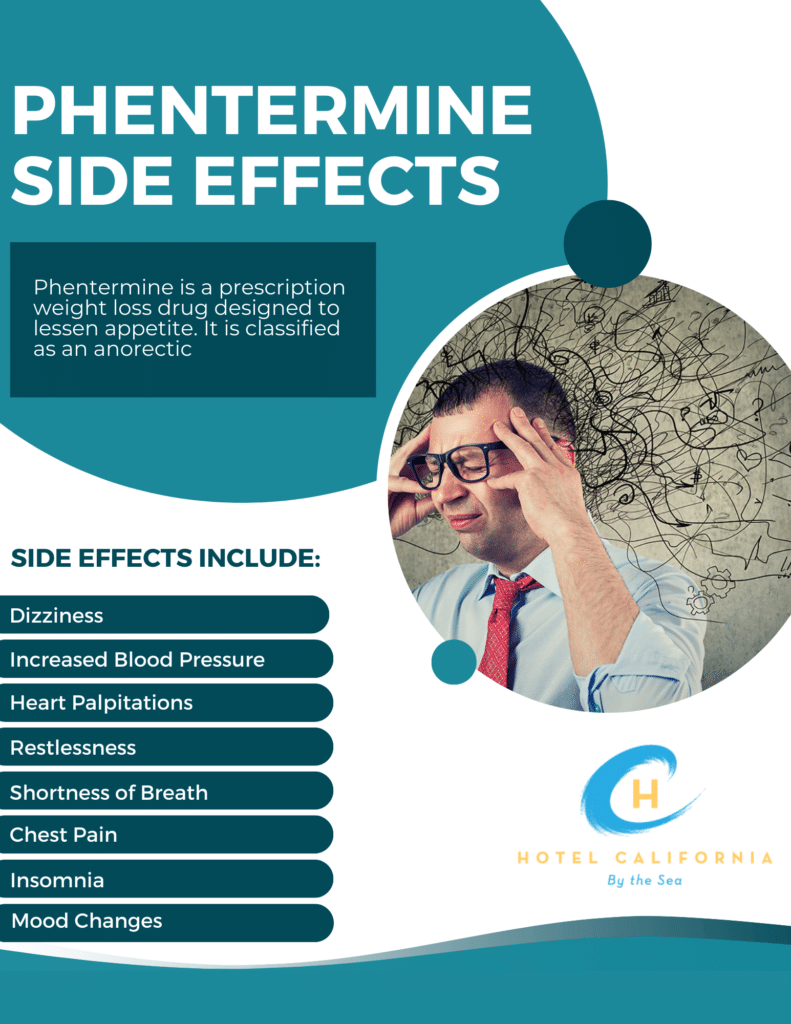 Infographic showing the side effects of phentermine abuse.