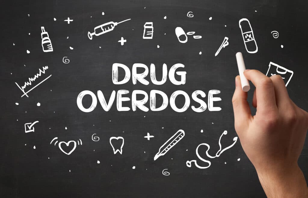 A black background with white text saying the words drug overdose describes the possible effects of cocaine overdose.