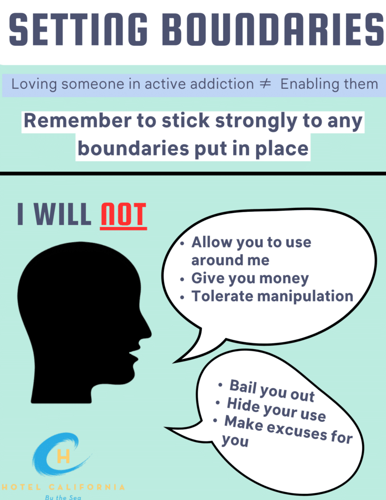 Infographic illustrating different ways to set healthy boundaries between an addict and a loved one.