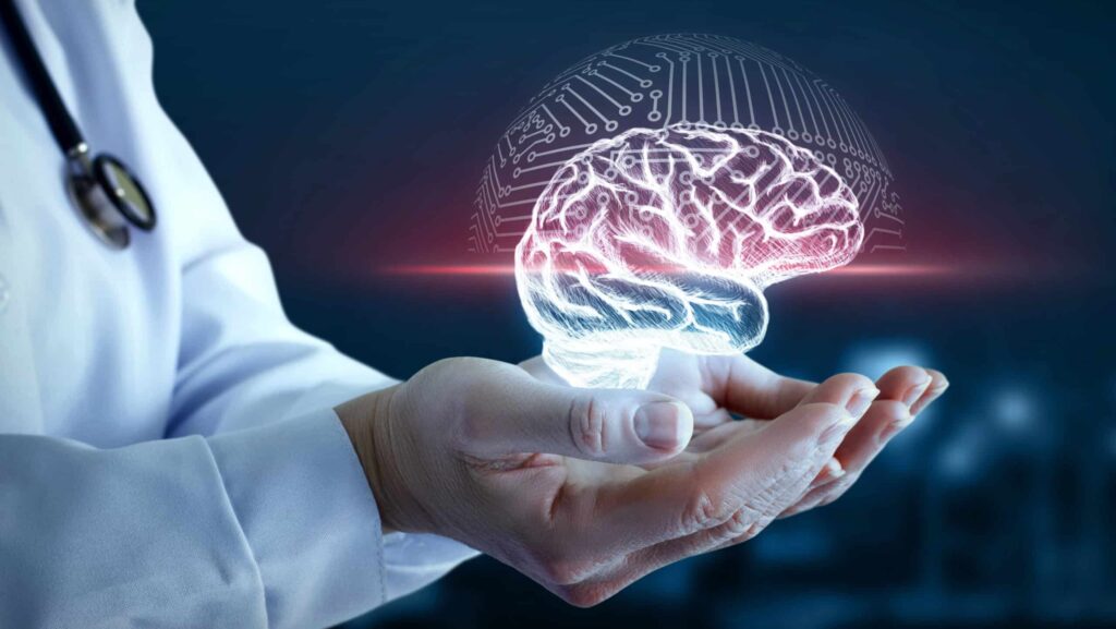 A doctor is holding a holographic image of a human brain in the palm of his hands to show how long to rewire brain from addiction.