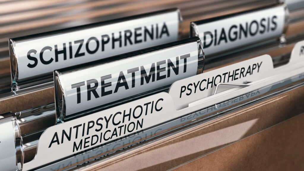 A cabinet of file folders labeled with a few labeled schizophrenia and diagnosis represent studies for clients on how Seroquel ruined their lives.