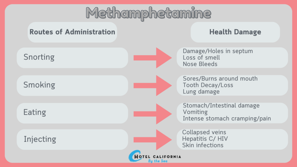 Infograph showing meth routes of administration and its effects on health damage.