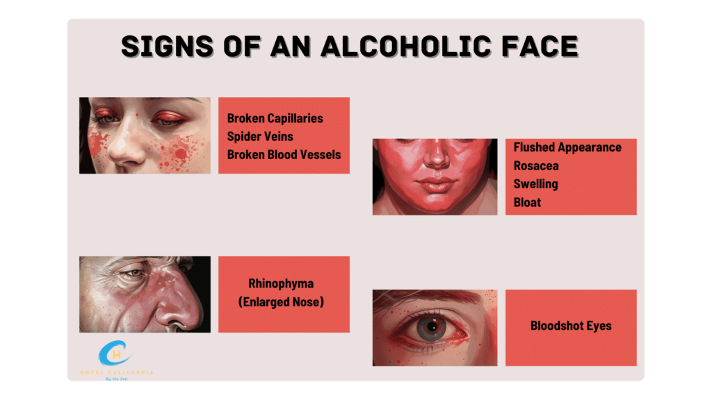 Infograph showing difference signs to spot an alcoholic face.