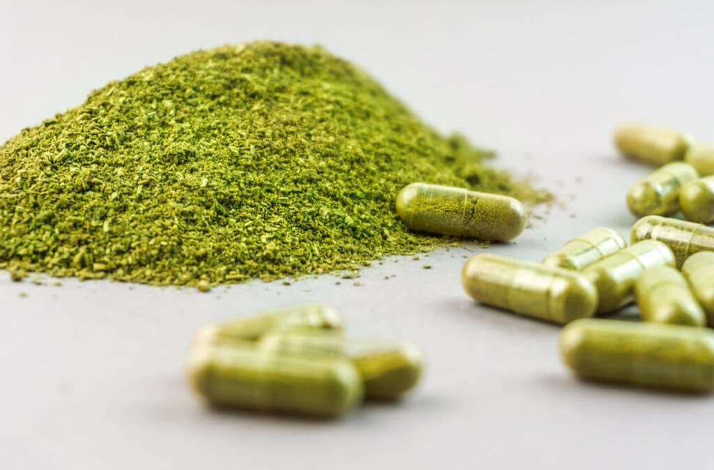 On a gray table, powder kratom is laid out next to encapsulated powdered kratom pills. The method of ingestion affects how long kratom stays in the system.