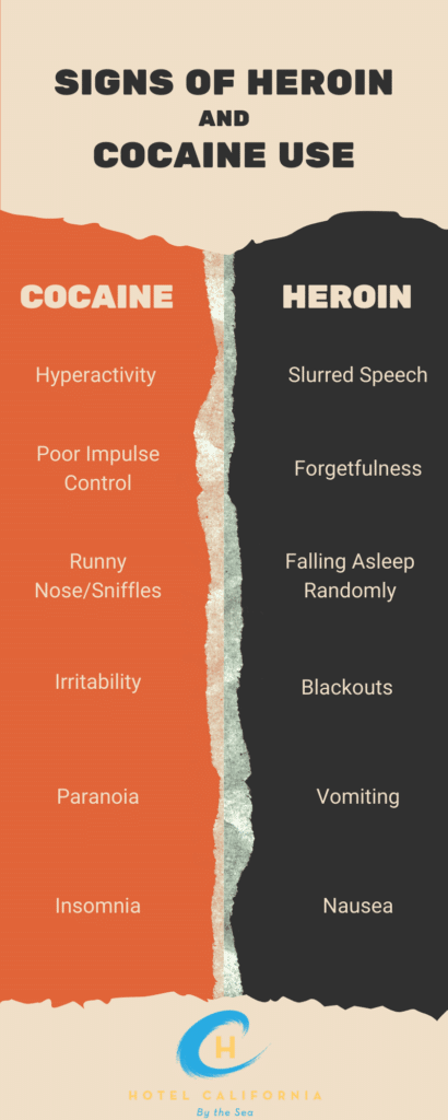 Infograph comparing and contrasting between signs of heroin and cocaine use.