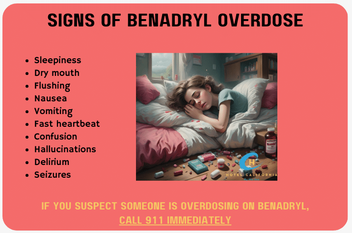 Infograph listing signs of Benadryl overdose.