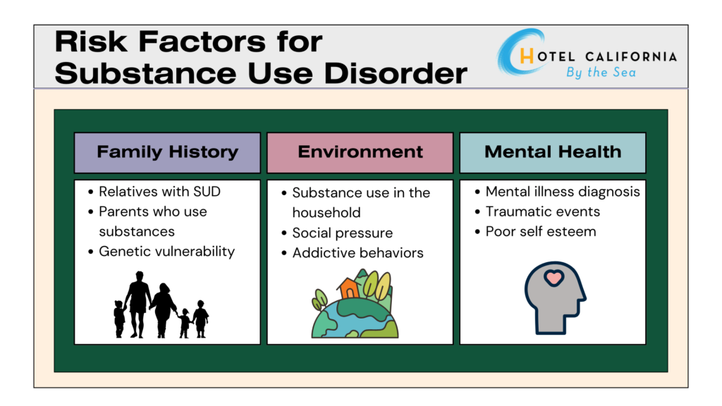 Infographic showing the risks factors for substance use disorder.