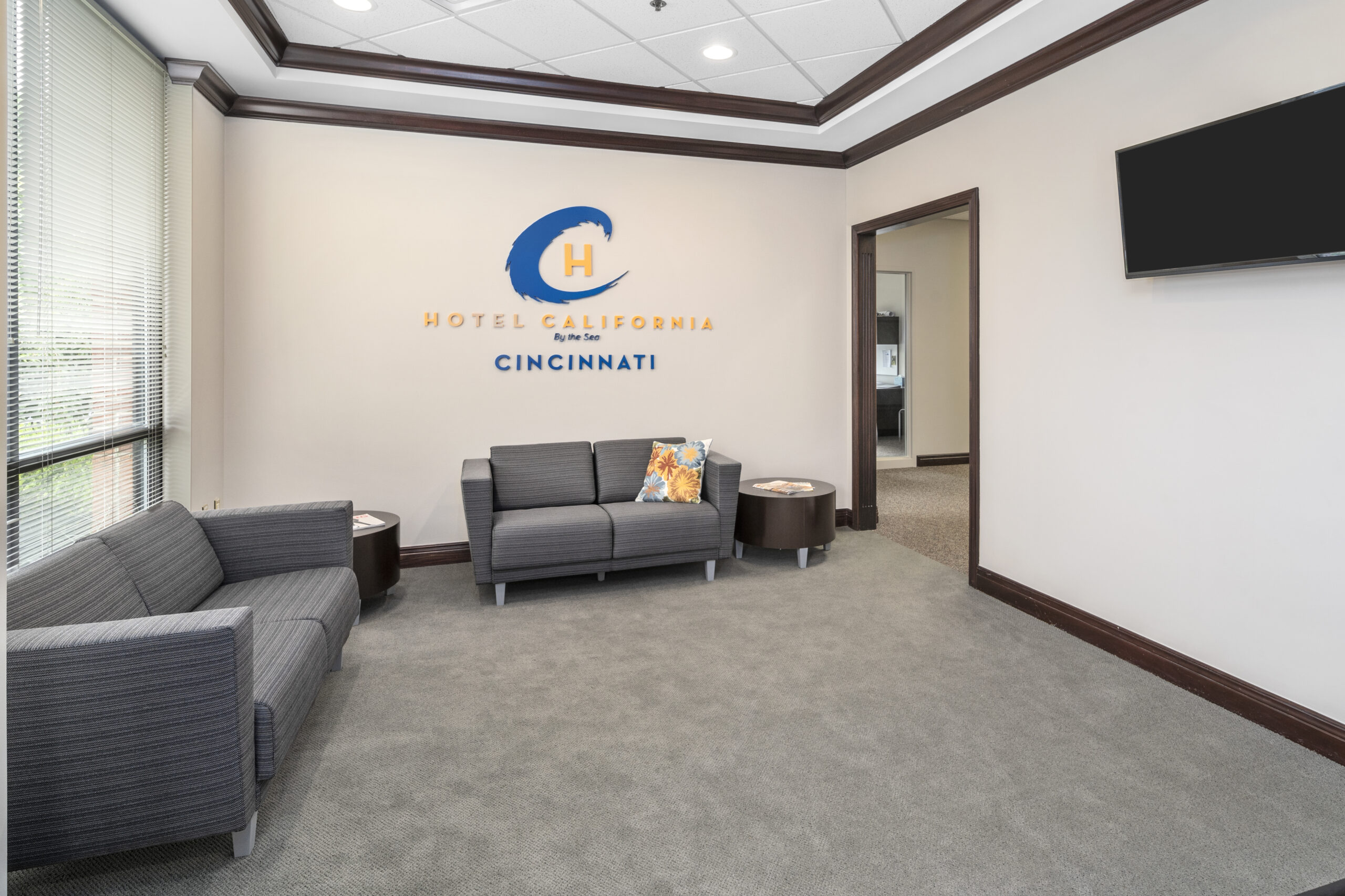 Lobby with gray couches at outpatient rehab Cincinnati Ohio 