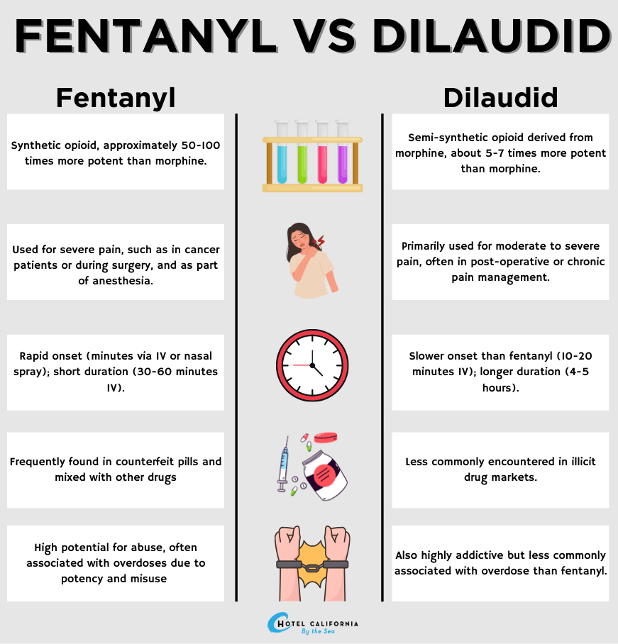 Infograph showing the differences and similarities between fentanyl and dilaudid.
