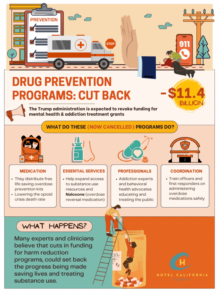 Infograph showing the implications of cutting funding on drug prevention programs.