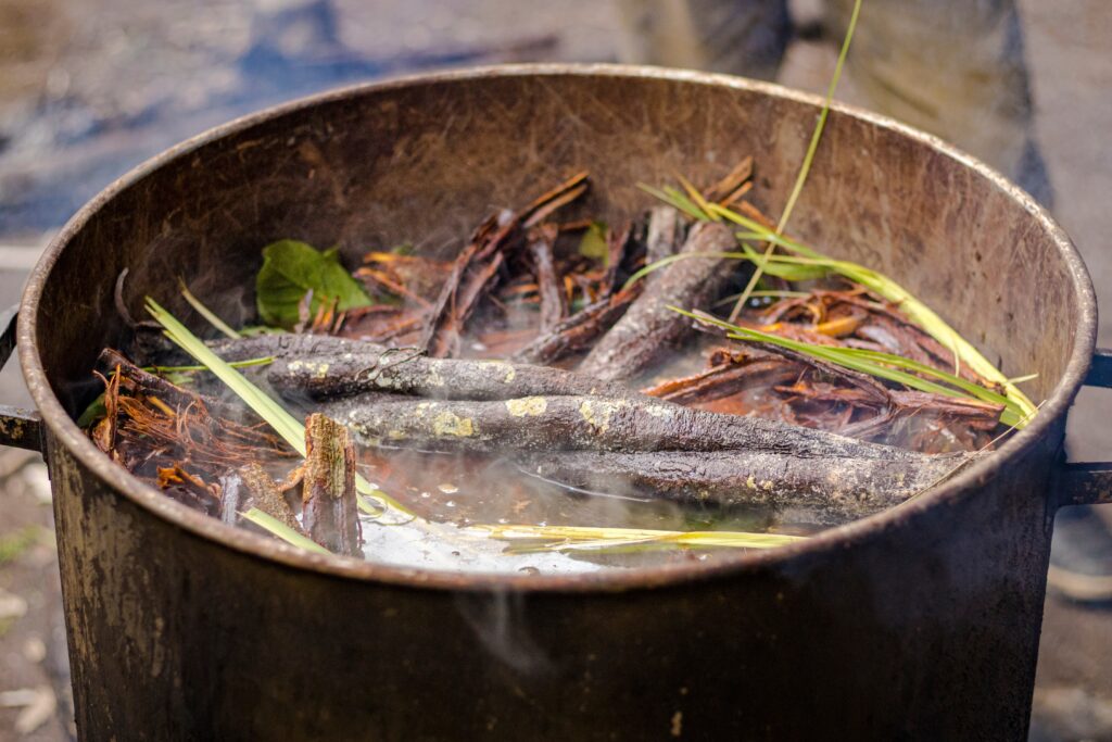A metal pot brewing roots and leaves to create ayahuasca and representing how long ayahausca lasts.