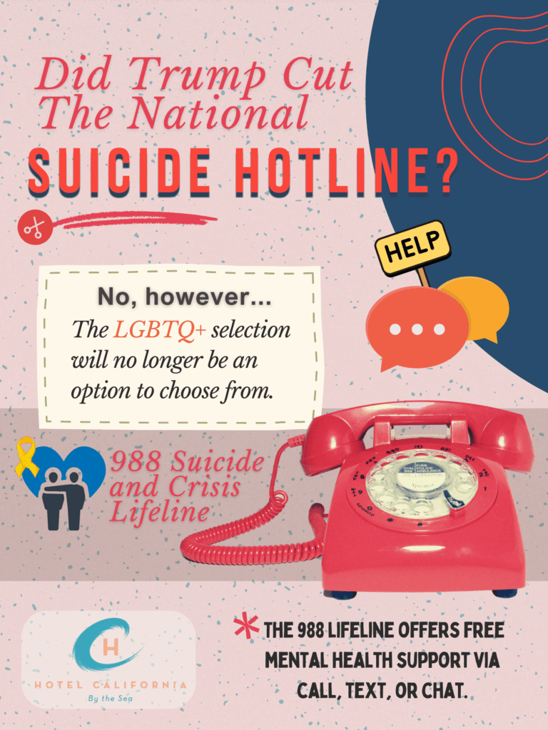 Infograph showing information about the 988 Suicide and Crisis lifeline and how Trump's budget cuts have impacted the service.