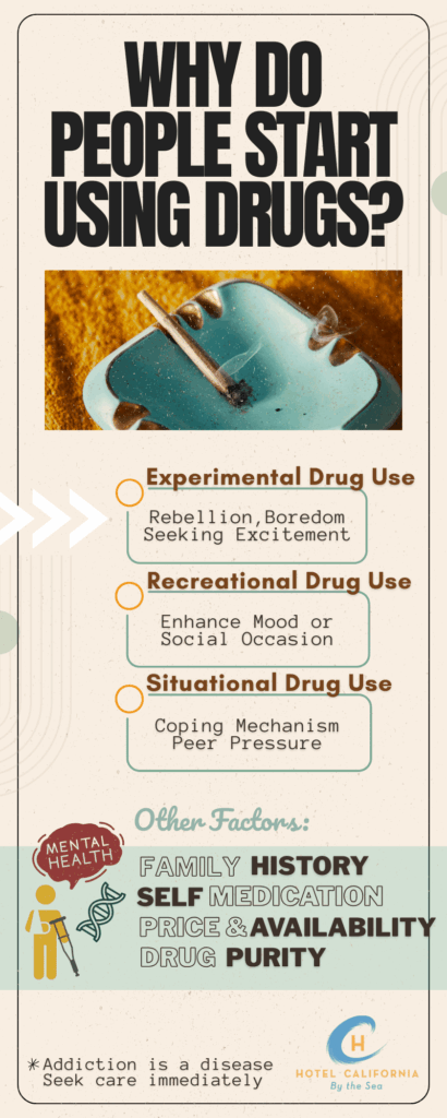 Infographic showing why people start using drugs.