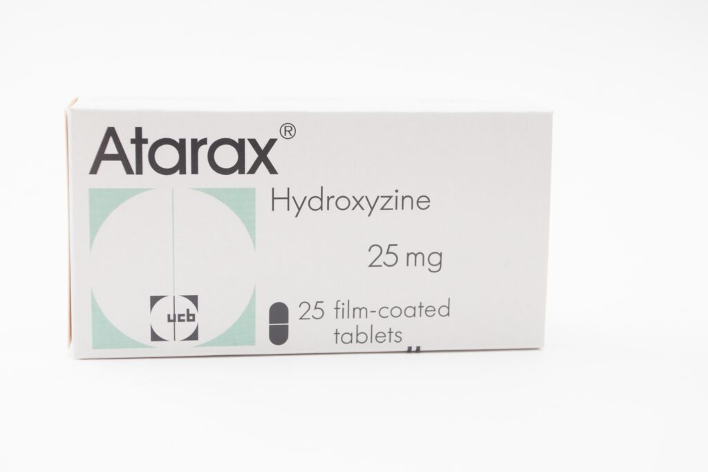 A pharmacuetical box of Atarax which if abused can lead to hydroxyzine withdrawal.