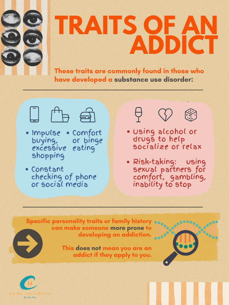 Infograph showing various traits of an addict and how it can impact a persons development to addiction.