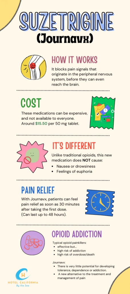Infograph showing the impact and effects of suzetrigine and its brand name Journavx.