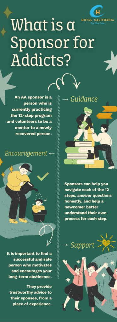 Infograph describing what is a sponsor for addicts and how they are beneficial for addiction recovery.