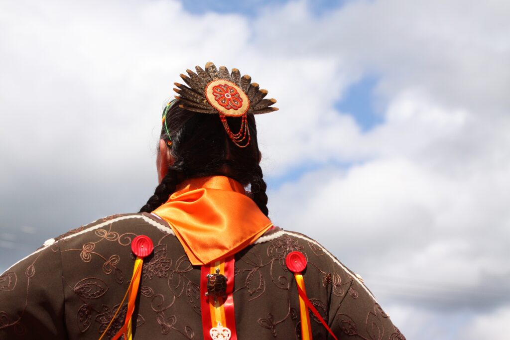The back of a Native American woman representing the relationship between Native Americans and alcoholism.