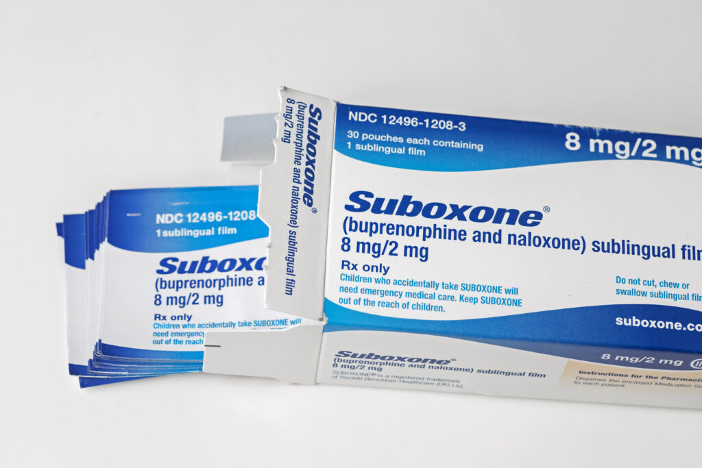A prescription box of Suboxone sublingual films shows how long Suboxone can last in the system.