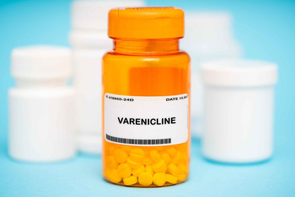 An orange bottle of varenicline, which is one the popular smoking cessation drugs used to help people quit tobacco.