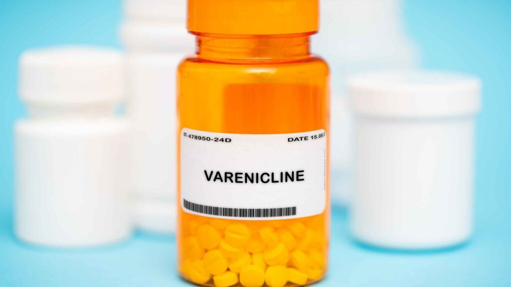 An orange bottle of varenicline, which is one the popular smoking cessation drugs used to help people quit tobacco.