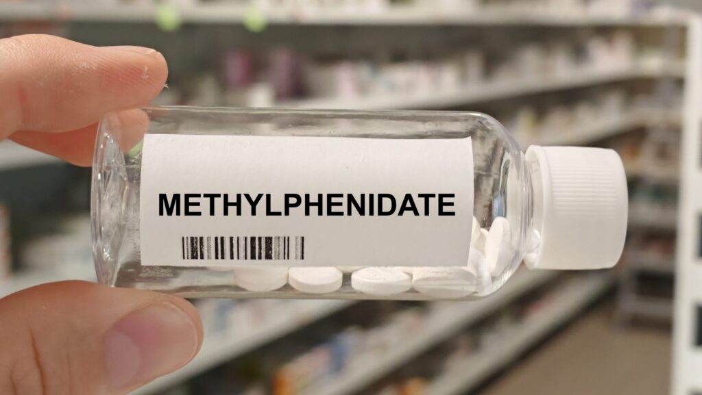 A clear bottle with pills of methylphenidate represent the differences of Adderall vs Ritalin.