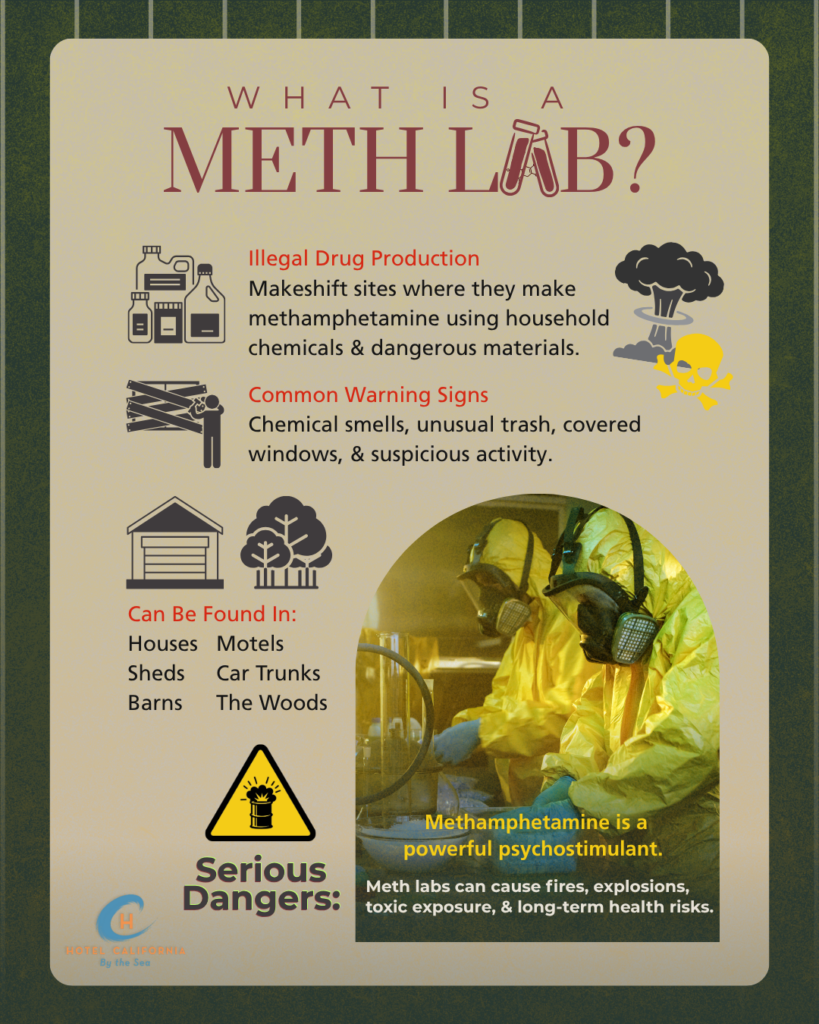 Infograph showing what is a meth lab and the warning signs to look out for when trying to spot one.