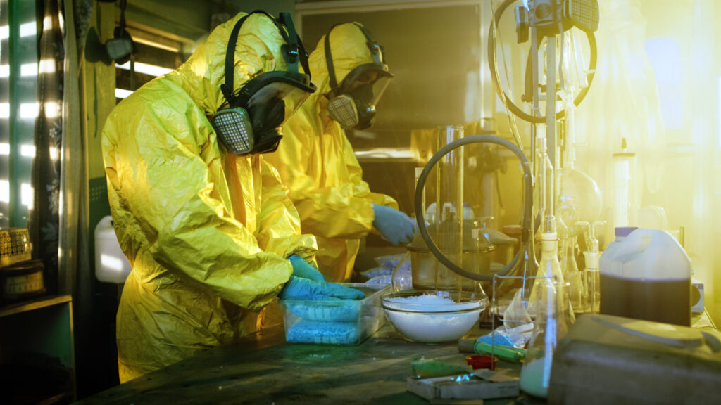 Two people in yellow hazmat suits in a makeshift lab revealing what is a meth lab and what it might look like.