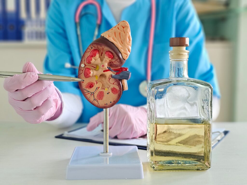 A 3D diagram of a kidney next to a bottle of alcohol represents the question of, can alcohol cause kidney disease.